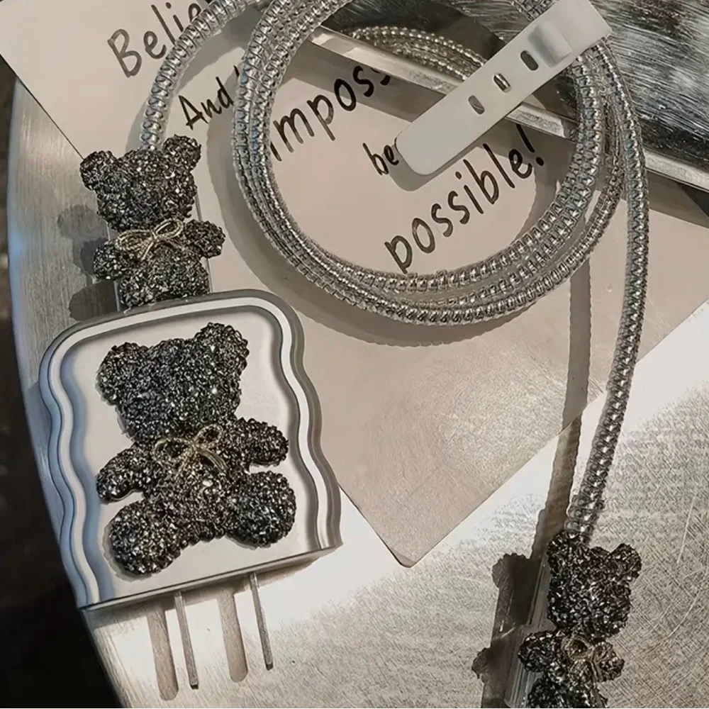 Silver Glitter Bear Charging Cable